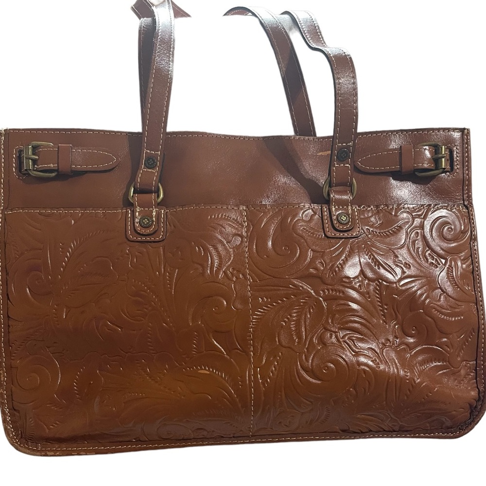 Patricia Nash Leather Tooled Vegan Tan Olivenza Tote Vintage -